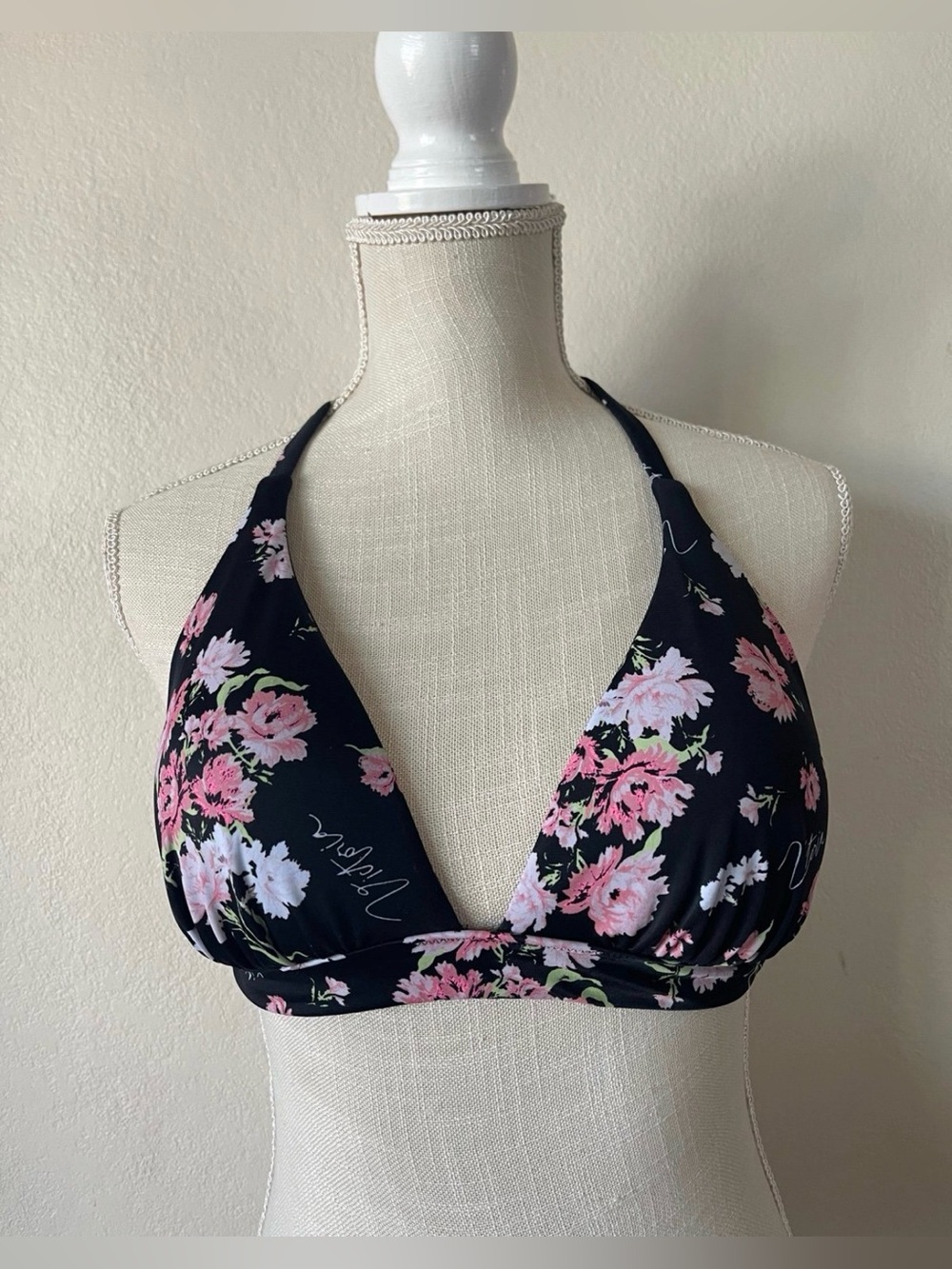 Victoria Secret Floral Halter Swimsuit Top in Black and Pink